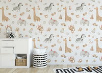 Safari animal wallpaper with zebra, giraffe, and elephant motifs