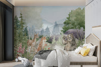 Watercolor forest wallpaper with bear and deer for kids