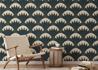 Green and gold Art Deco wallpaper for interiors.
