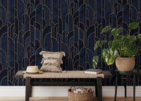 Bold dark blue Deco pattern adhesive wall covering.