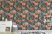 Watercolor wallpaper featuring jungle safari animals and florals