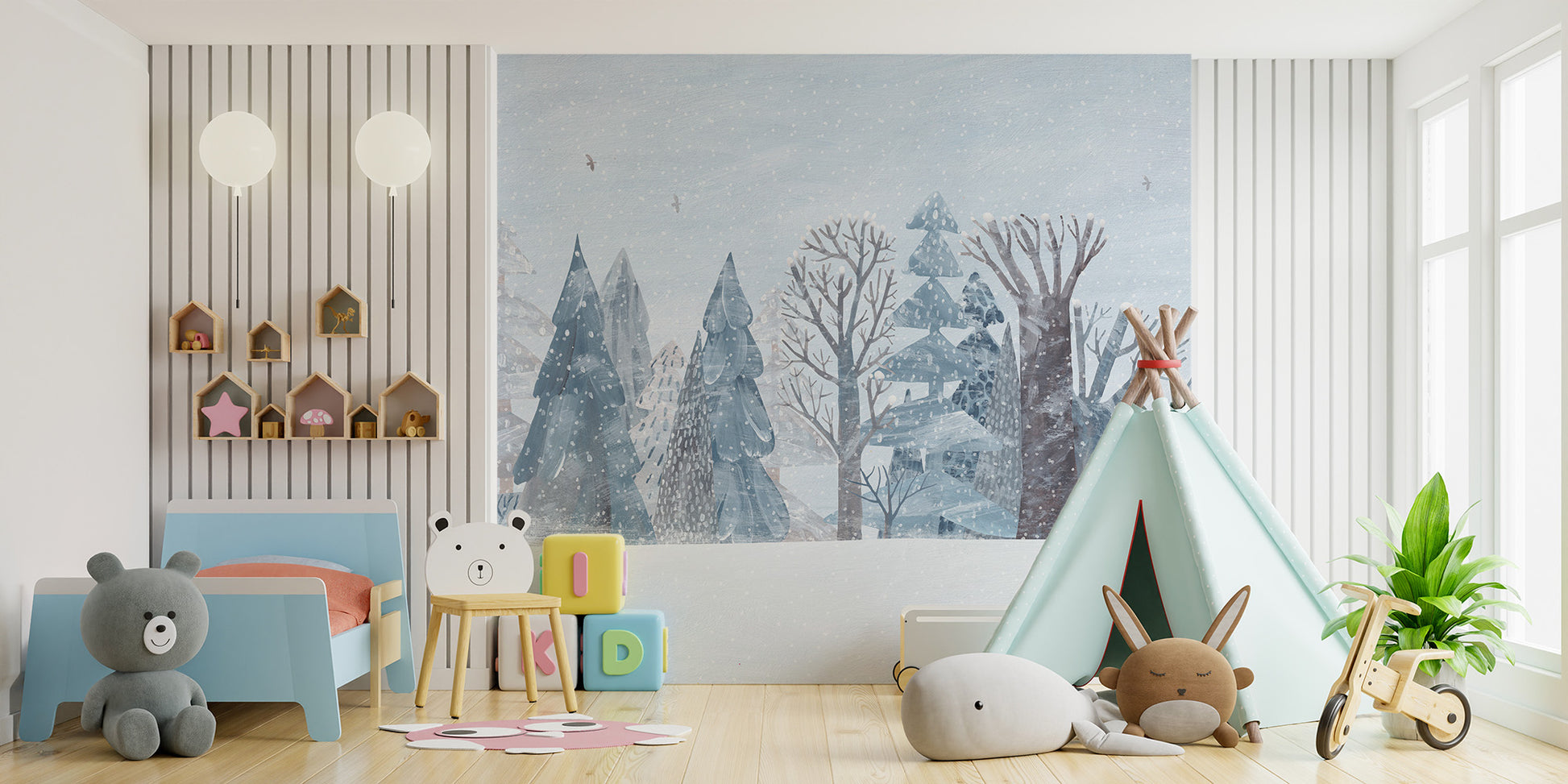 Winter landscape mural with snowy trees
