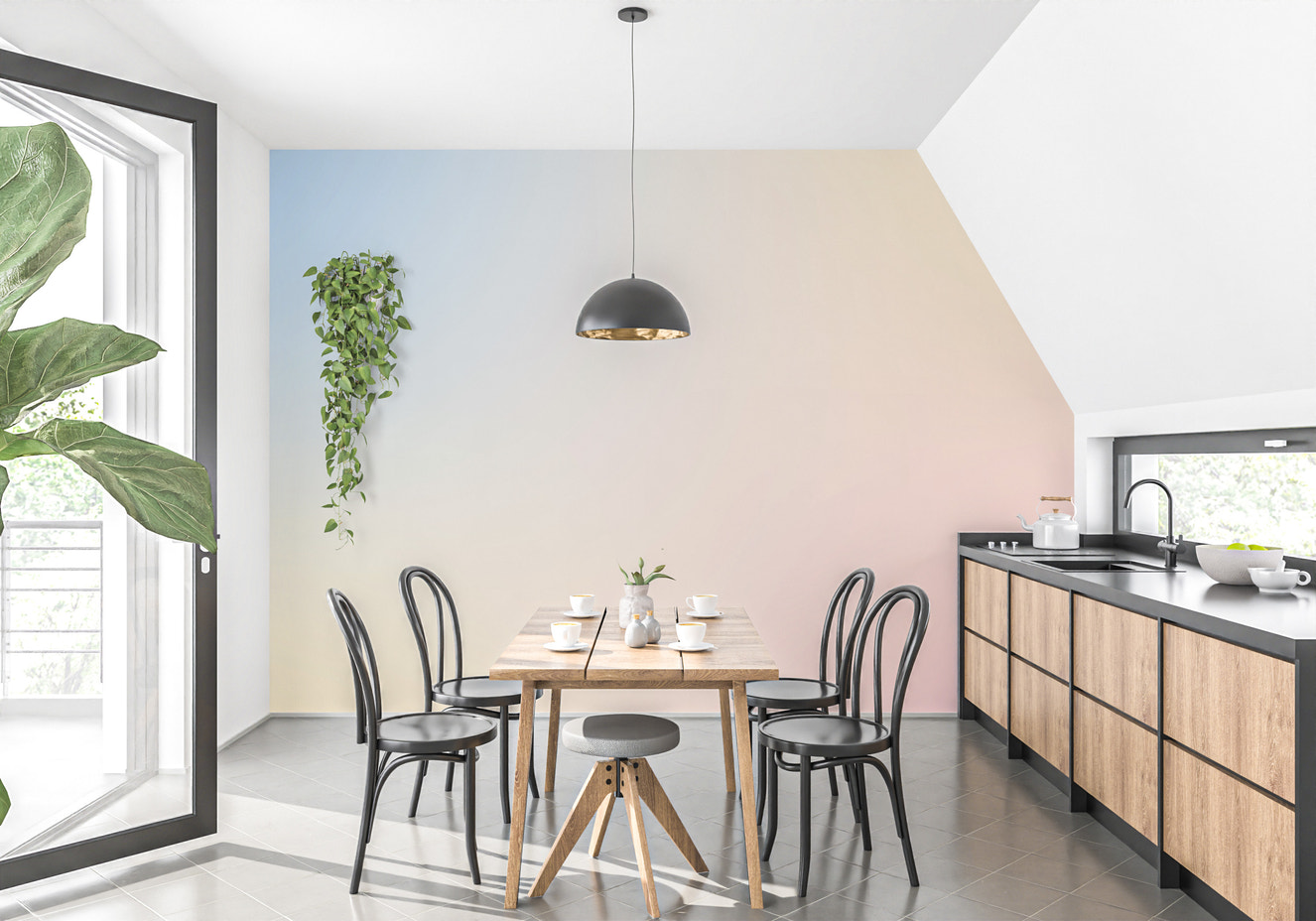 Charming rowhouses mural with soft tones