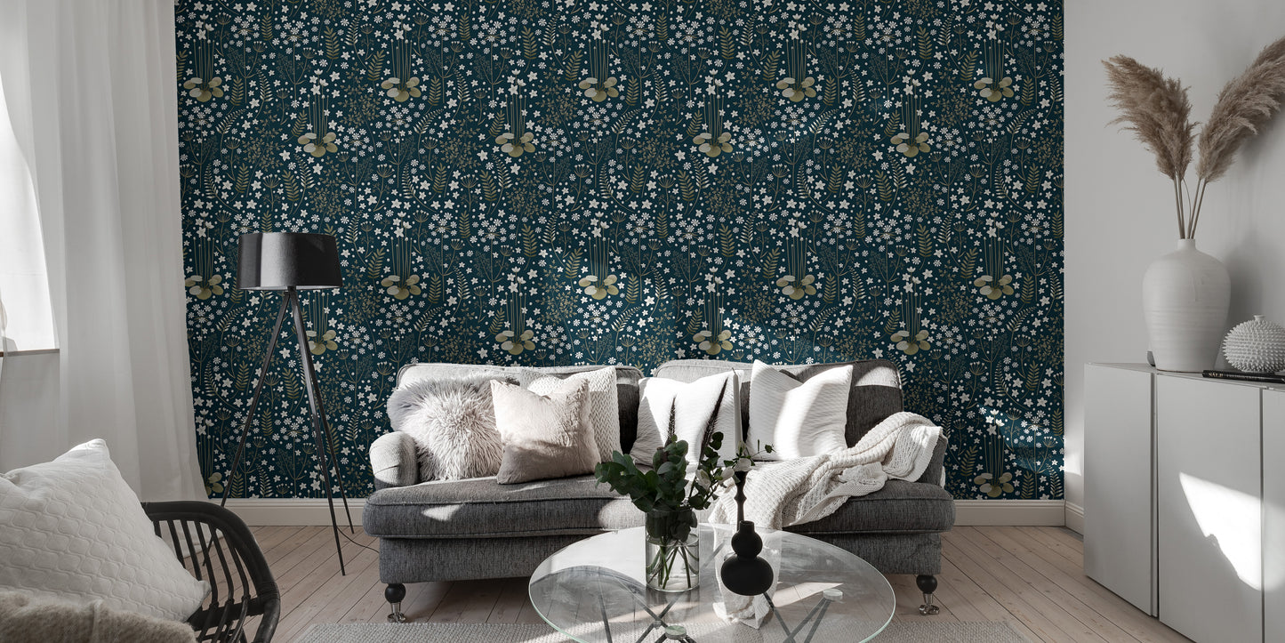 Floral Dark Blue Background Leaves Removable Wallpaper