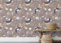 Whimsical wallpaper with fox and mouse in space clouds