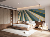 Bold striped wallpaper mural with a radiating green and cream design
