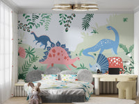 Exciting Jurassic Park mural with dinosaurs for kids' rooms.

