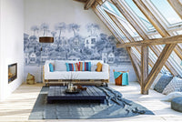 Elegant watercolor coastal village mural for calm spaces
