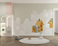 Playful cartoon mountain wallpaper mural
