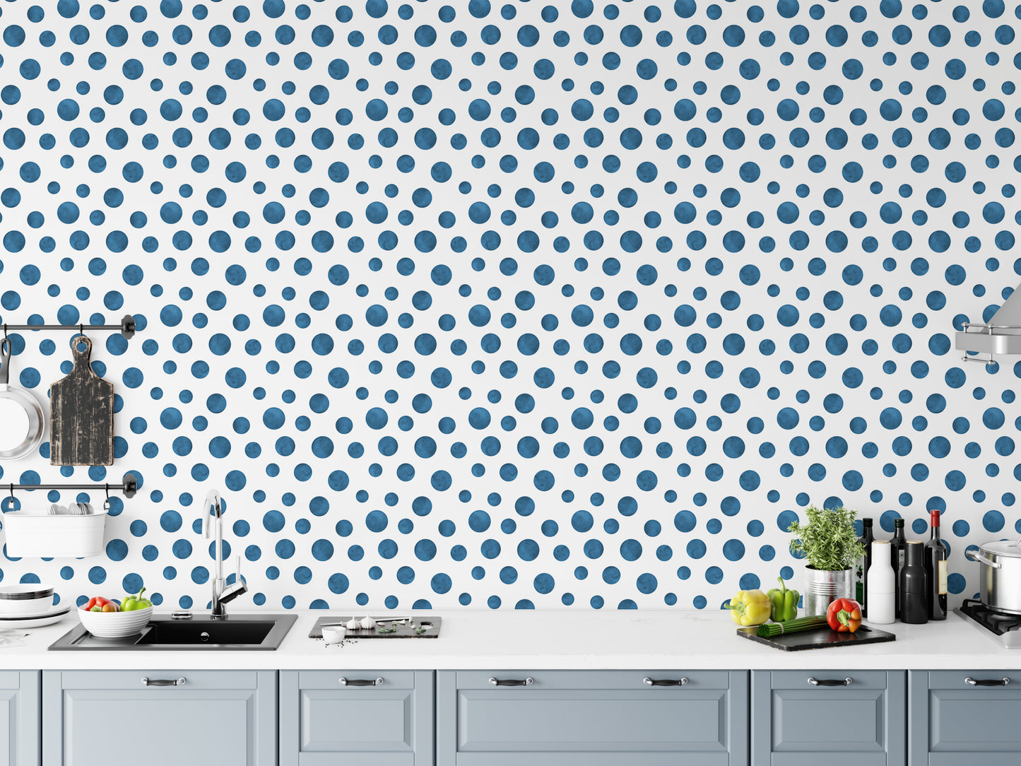 Navy Blue Indigo Watercolor Polka Dots Wallpaper