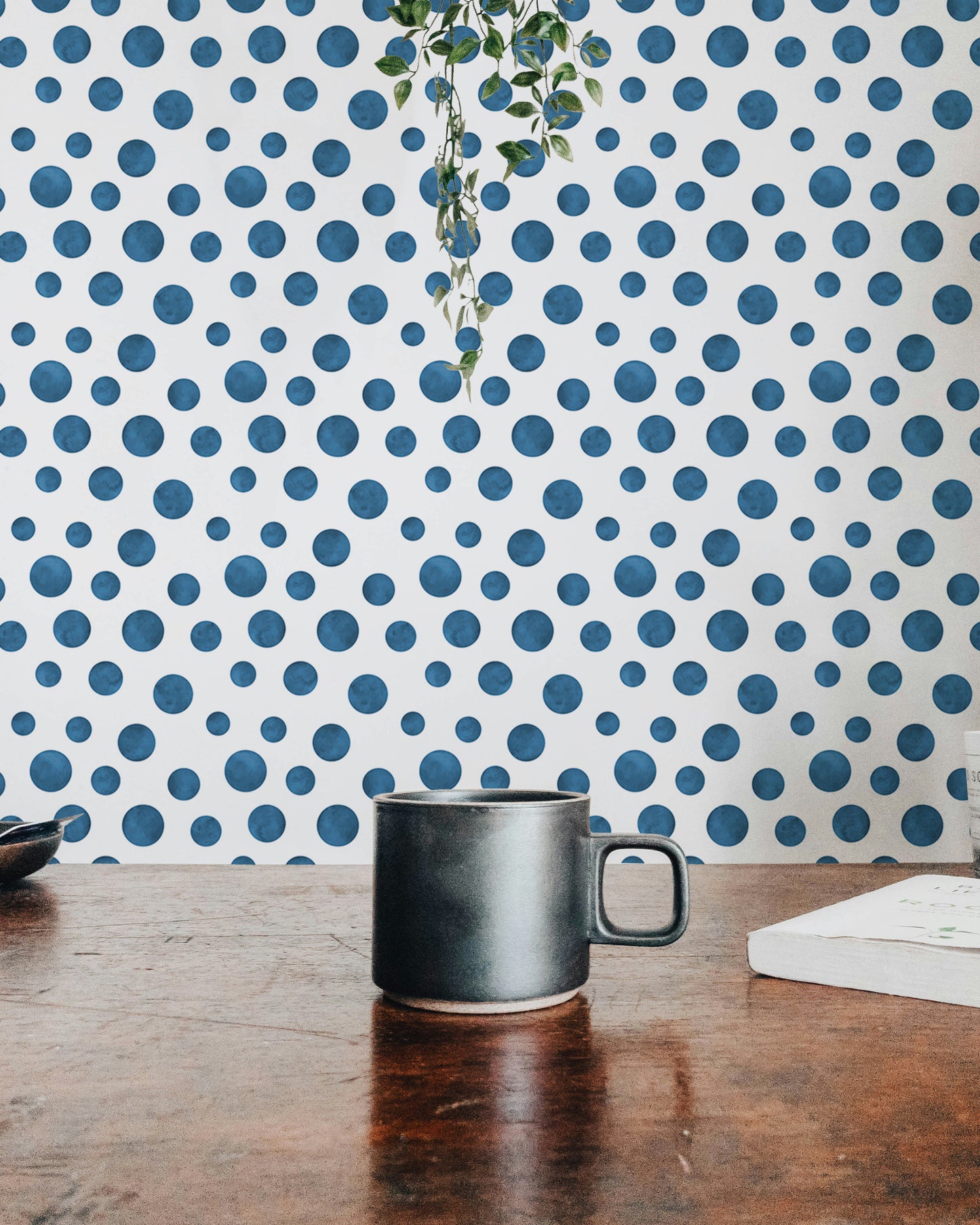 Navy Blue Indigo Watercolor Polka Dots Wallpaper
