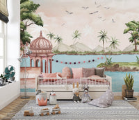 Tranquil lakeside mural for relaxing and modern spaces
