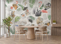 Gray mural featuring watercolor monkeys and birds