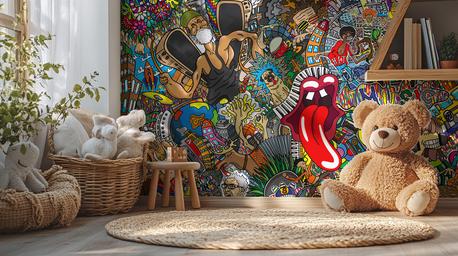 Vibrant music-inspired cityscape wall mural
