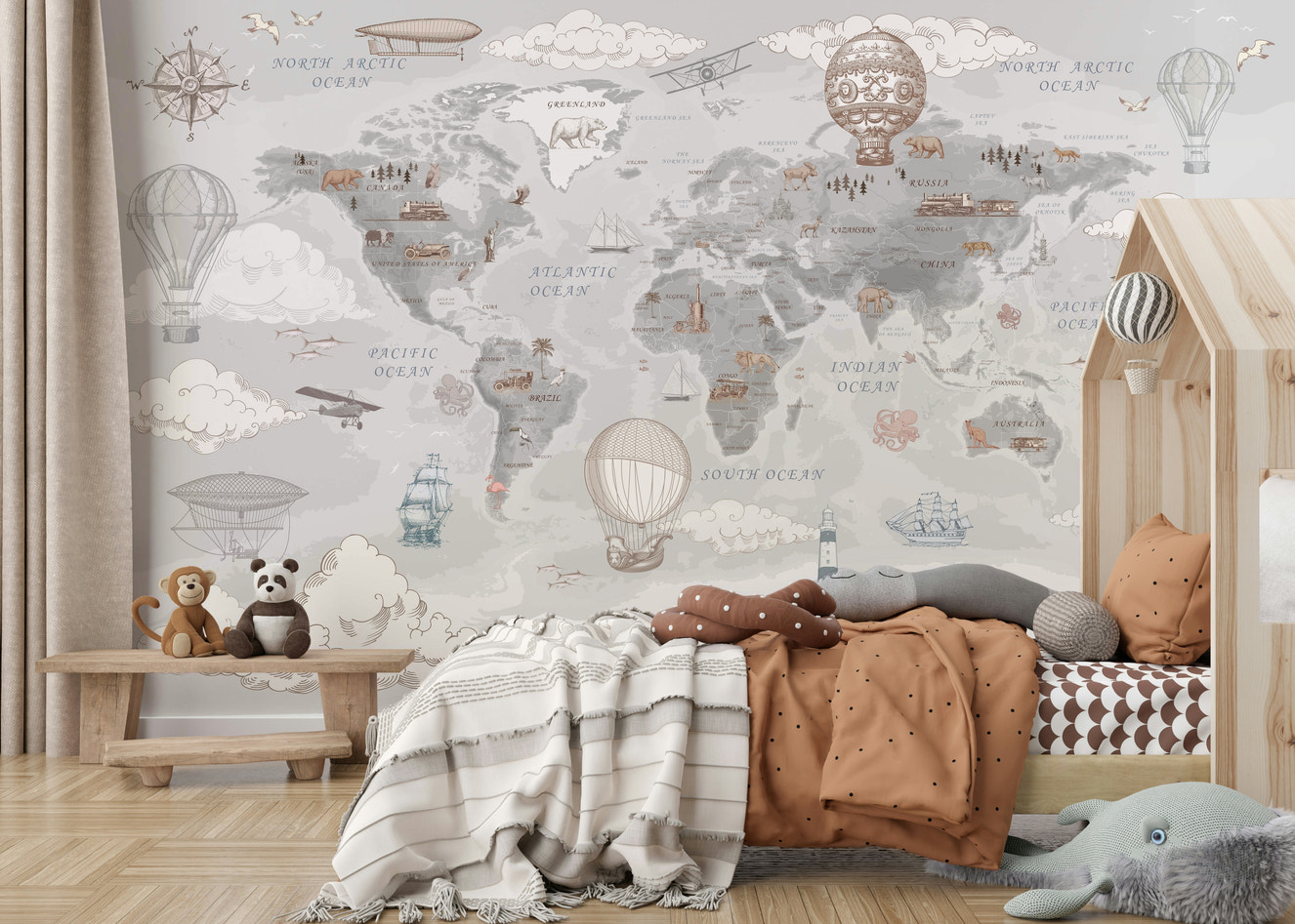 Children's bedroom with world map wallpaper, bed, and toys.