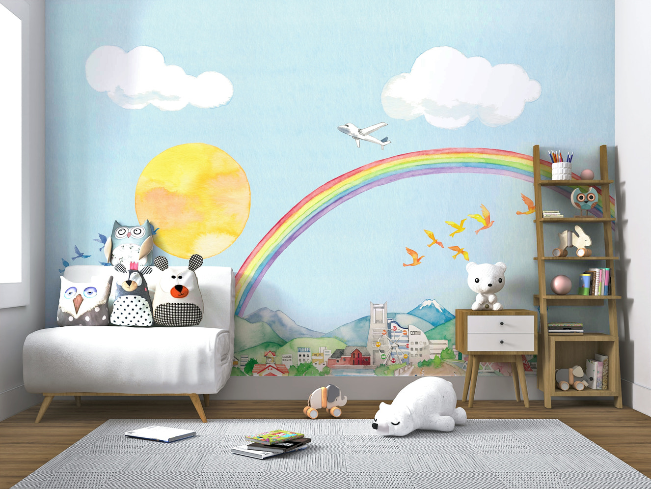 Rainbow Flight A Cityscape in Watercolor Wall Mural