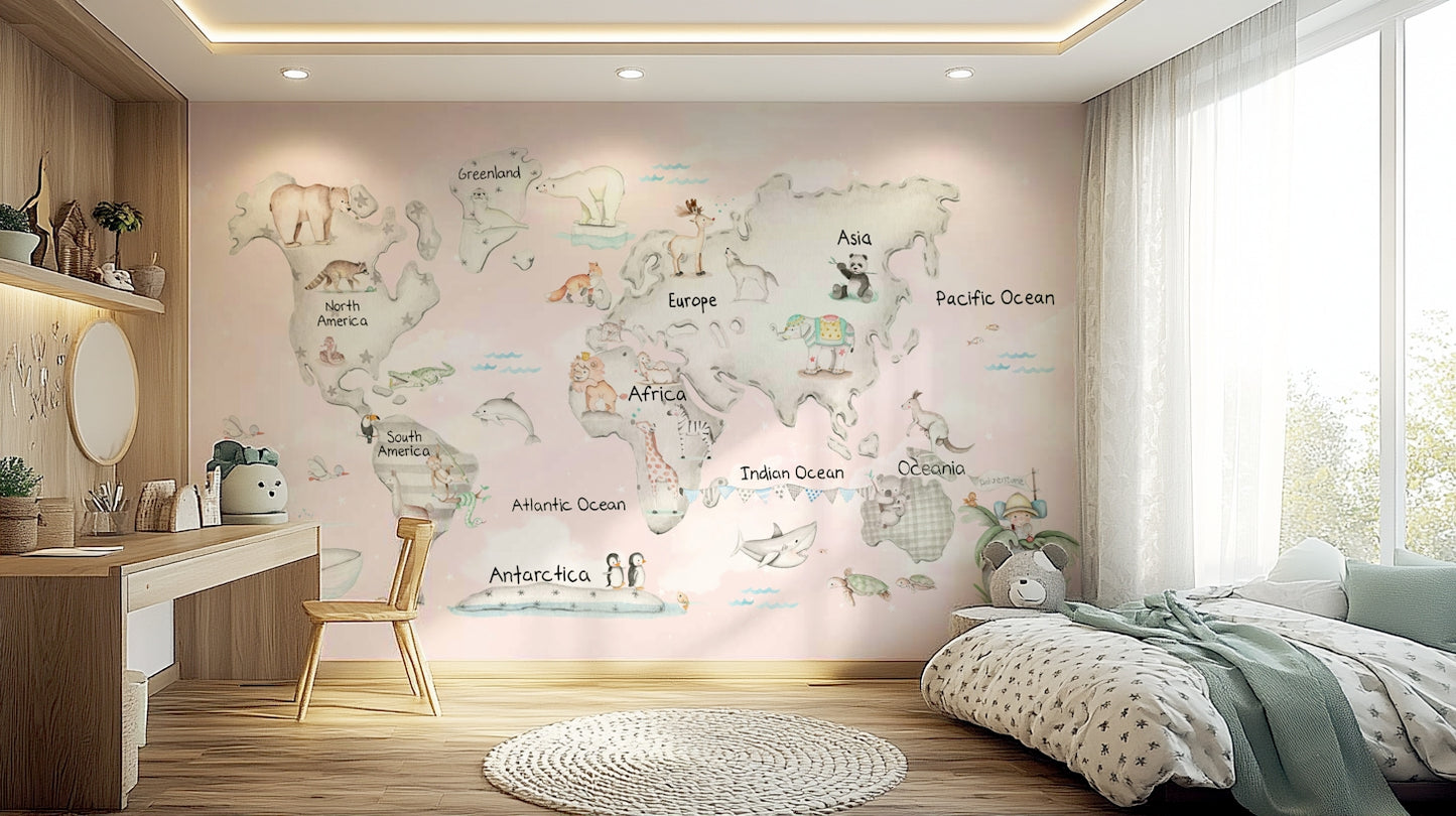 Animal World Map Adventure Wall Mural