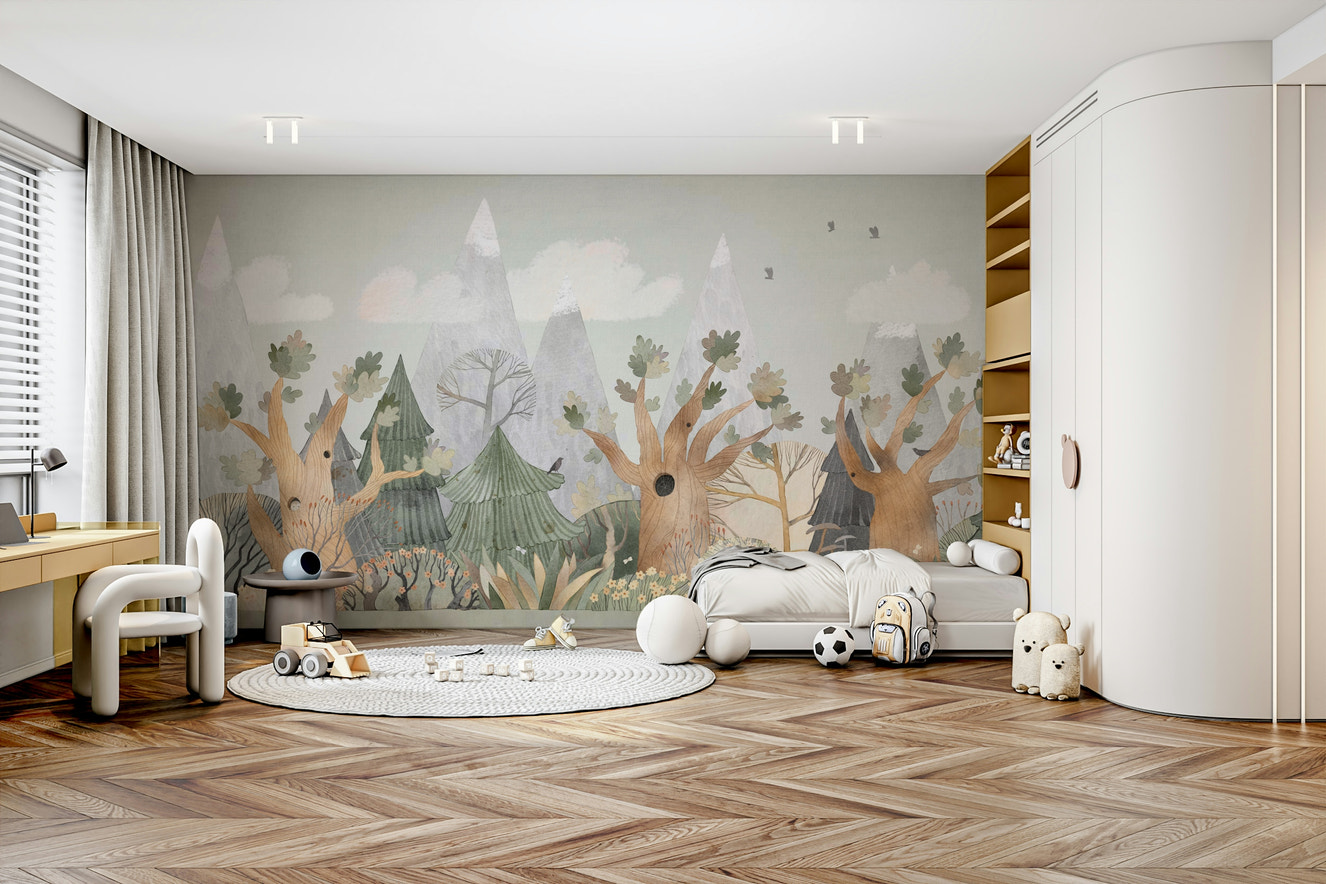 A wall mural featuring a wildwood or forest scene.

