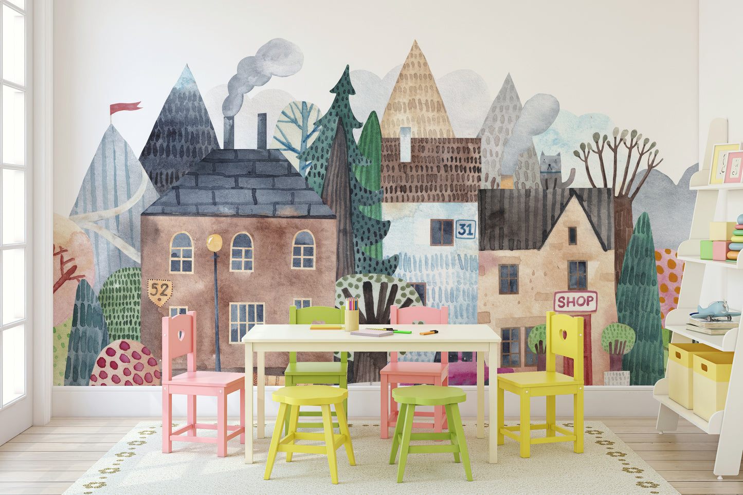 Watercolor Village Vista Wall Mural