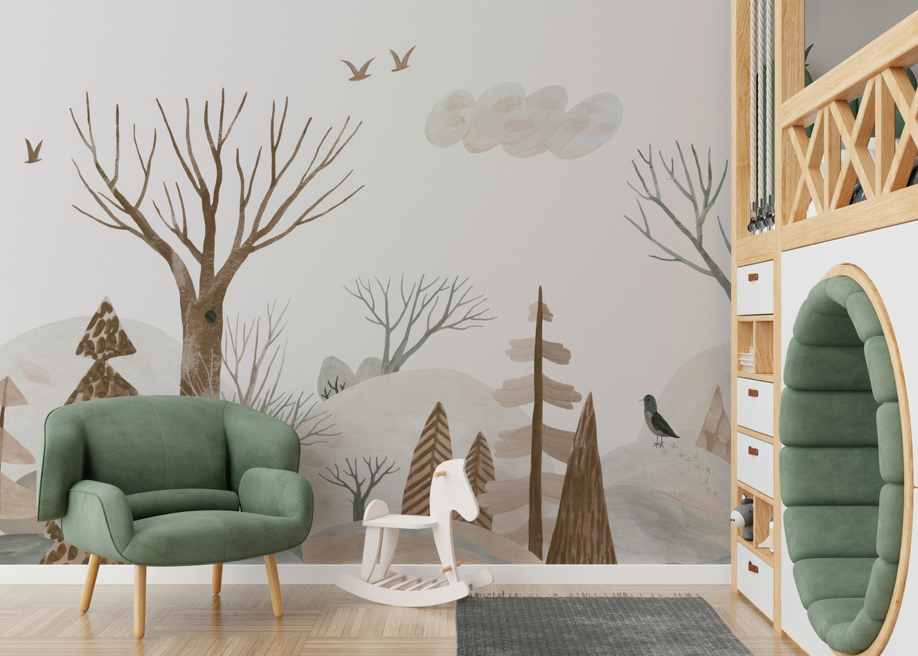 A wall mural of a winter forest.


