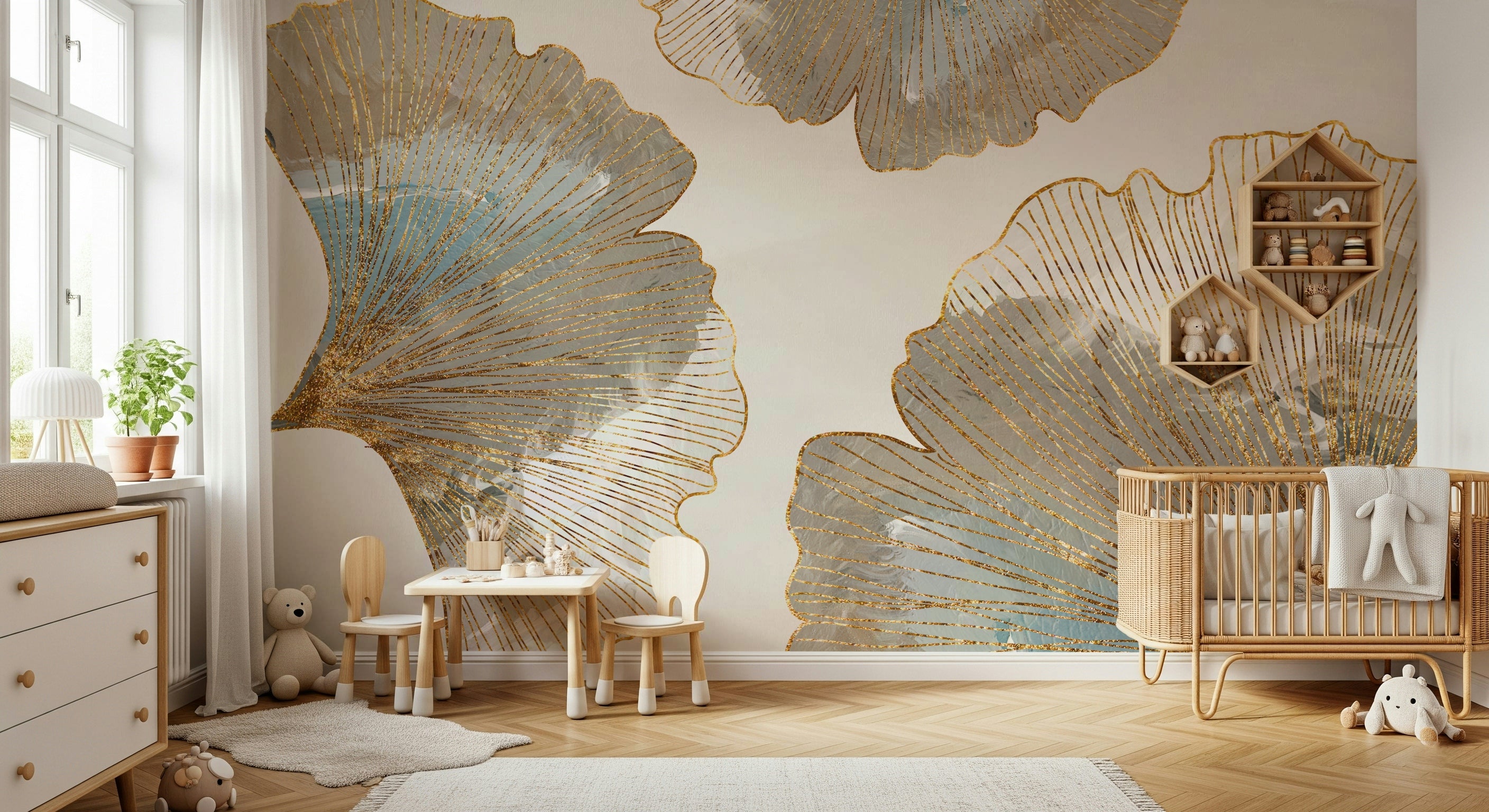 The leaves have a soft, stylized look and a subtle golden sheen.

