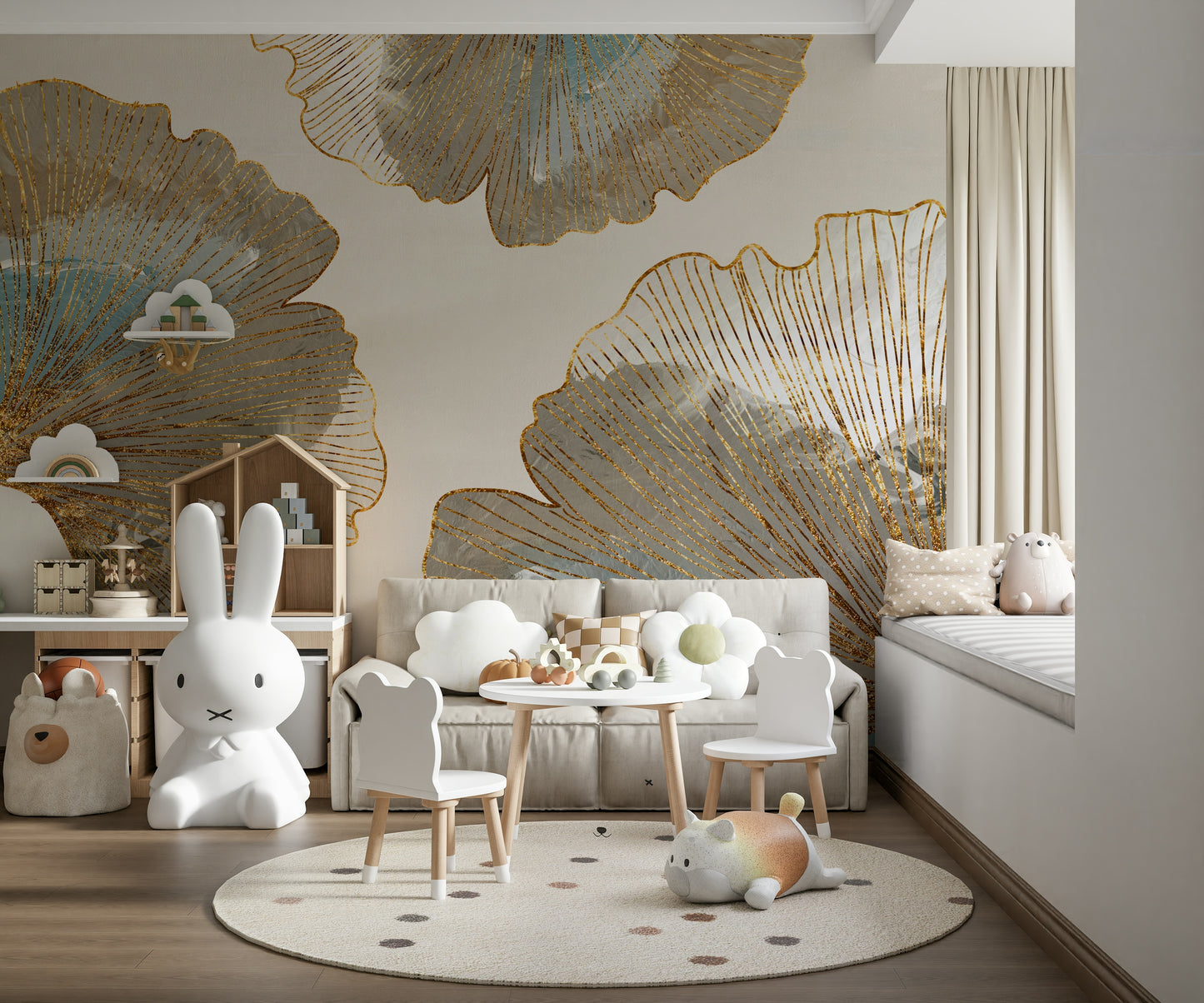 The colors are warm, including shades of gold, light beige, and off-white.

