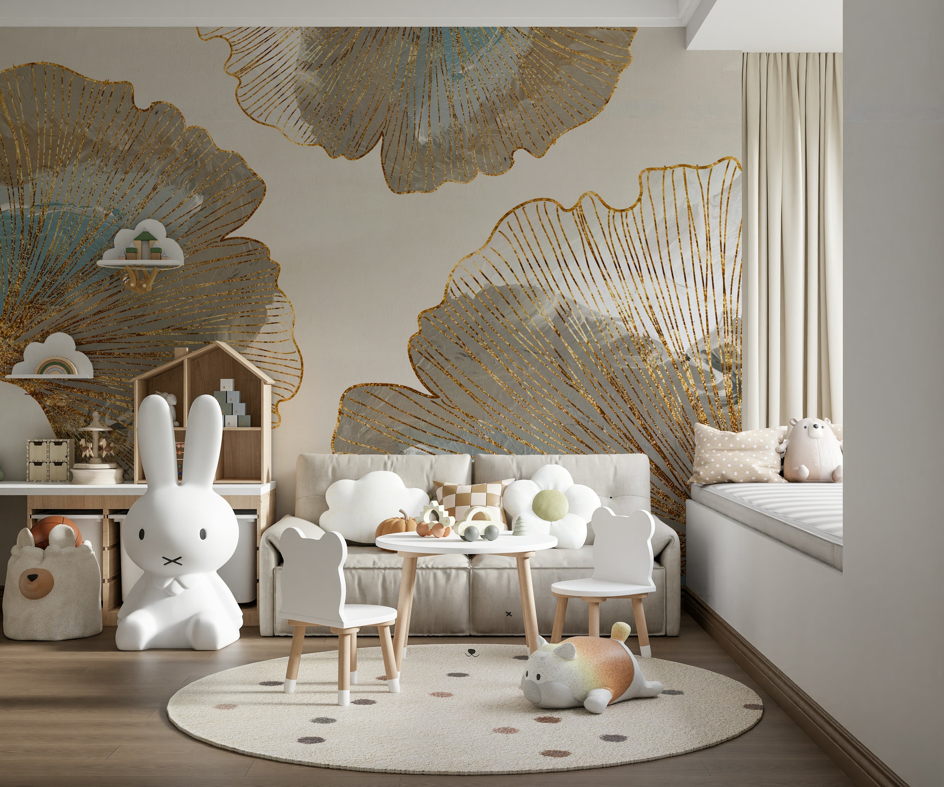 The colors are warm, including shades of gold, light beige, and off-white.

