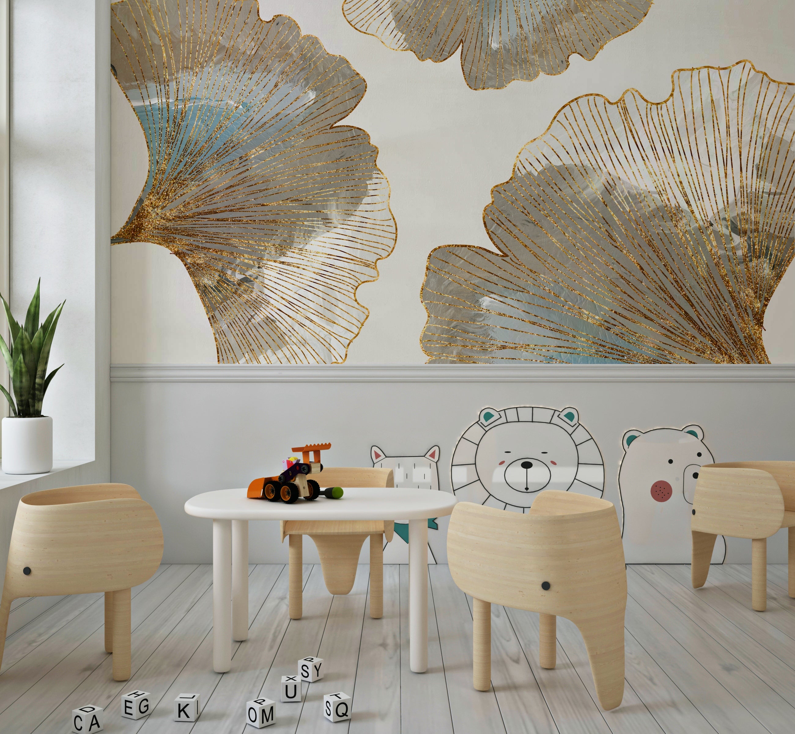 A wall mural featuring a pattern of elegant Ginkgo leaves in a golden color.


