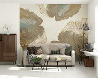 The image shows a full wall with a repeating leaf design.

