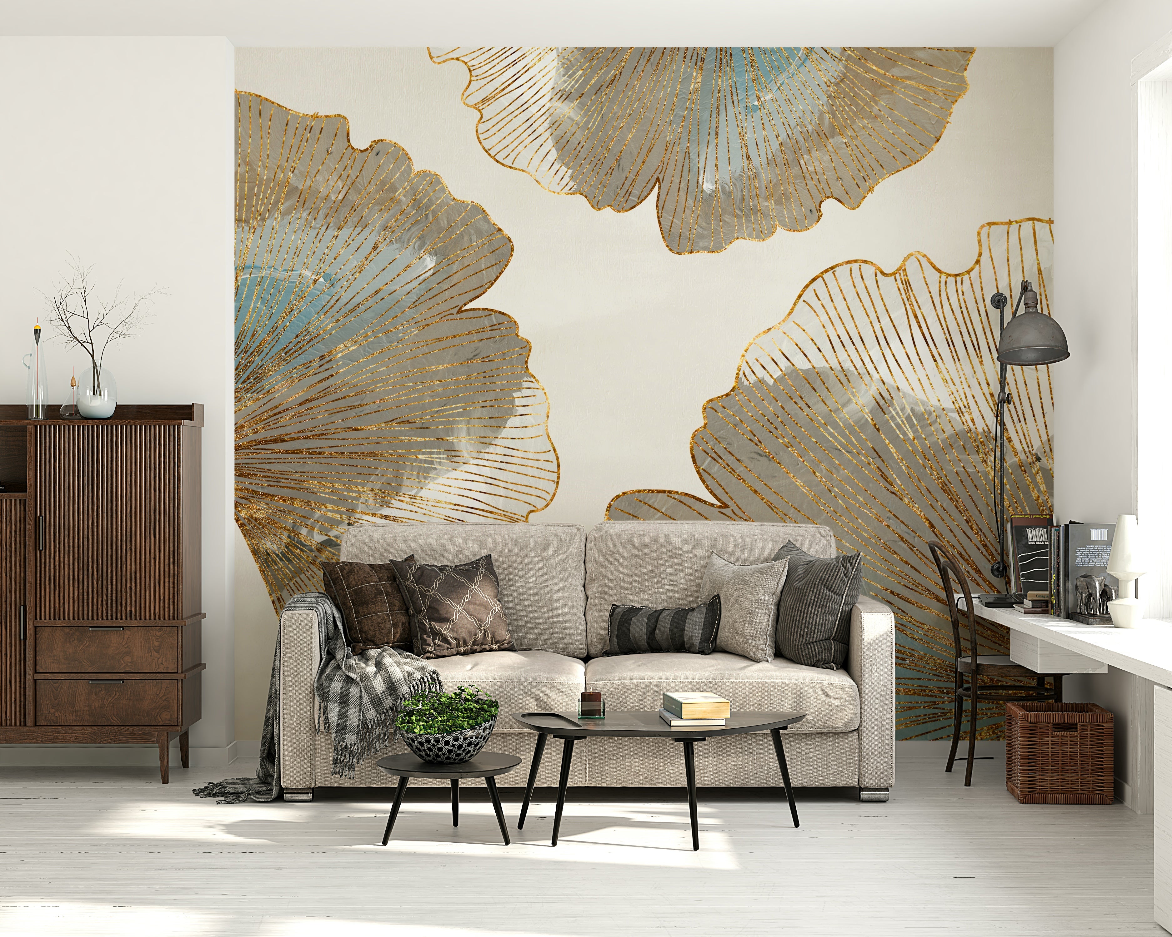 The image shows a full wall with a repeating leaf design.

