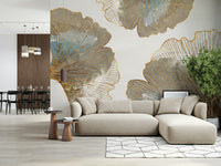 The room's lighting highlights the light, airy feel of the mural.

