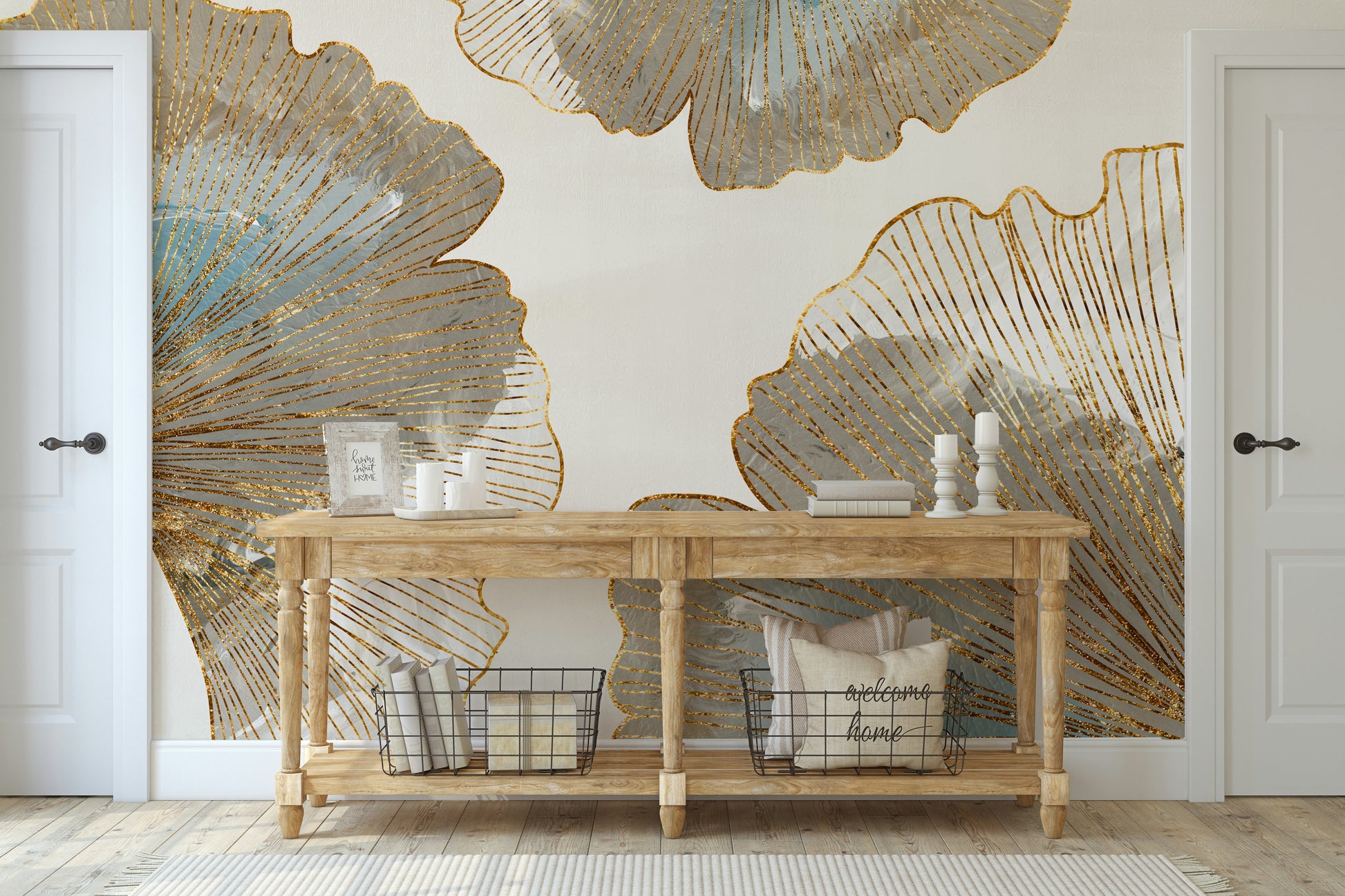 The mural is installed in a calm living room behind a simple, light-colored sofa.

