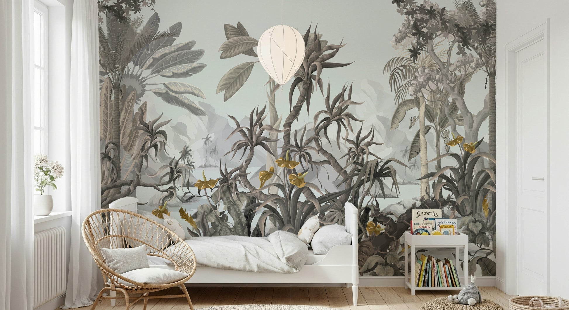 A wall mural featuring a serene, abstract landscape with a modern style.

