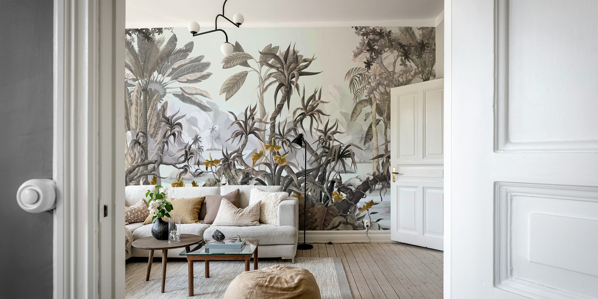 The image shows a full wall with a soft, minimalist scene of hills and a sky.

