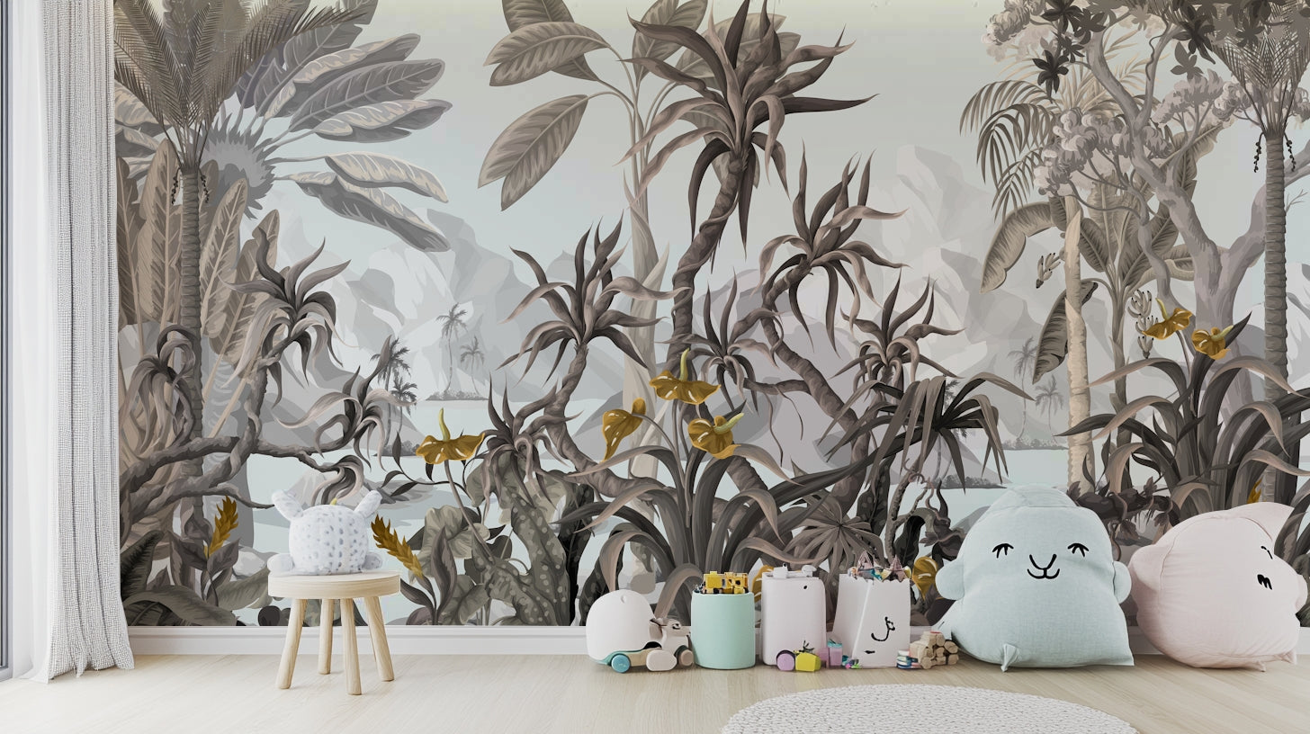 The mural extends across the entire wall, creating a clean backdrop.

