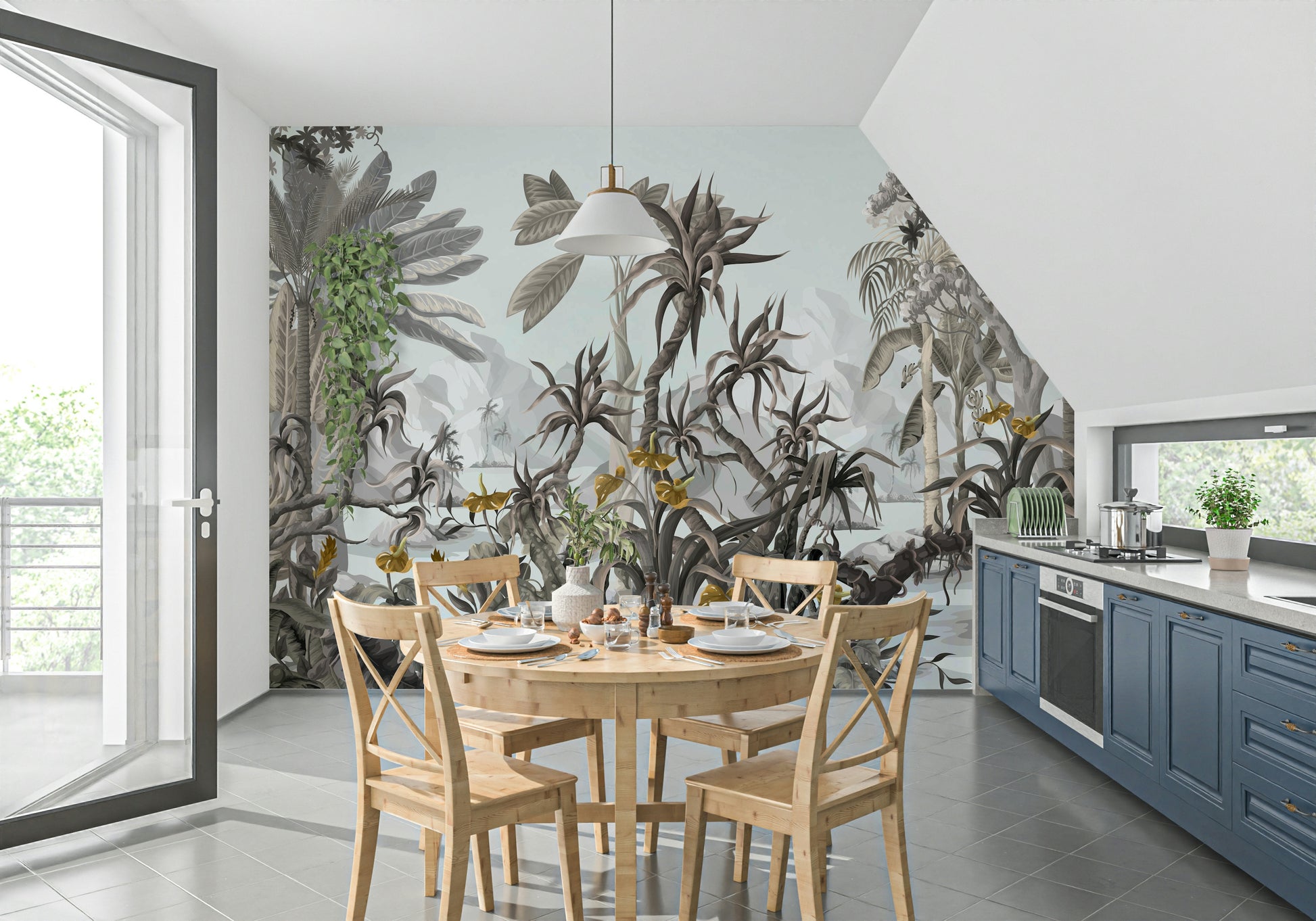 The mural is installed in a modern, light-filled living room.


