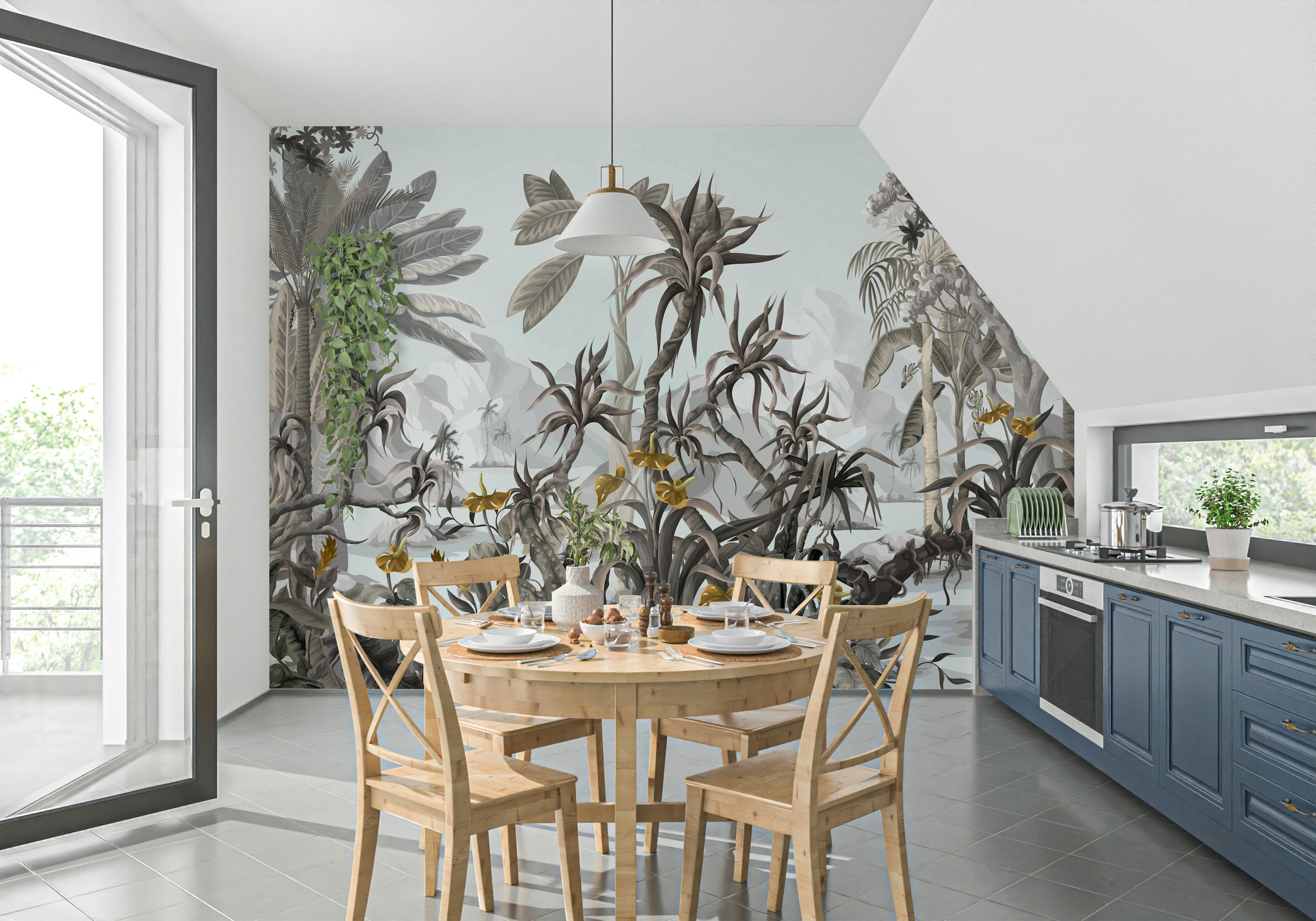 The mural is installed in a modern, light-filled living room.

