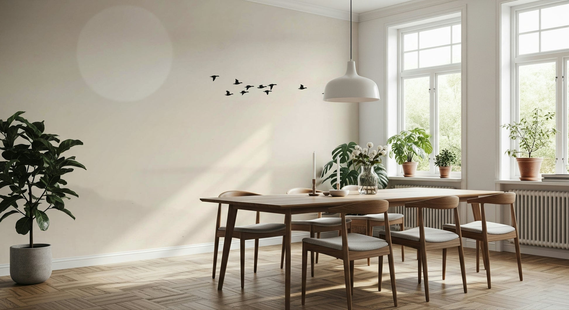 The mural is installed in a calm living room behind a simple, dark sofa.

