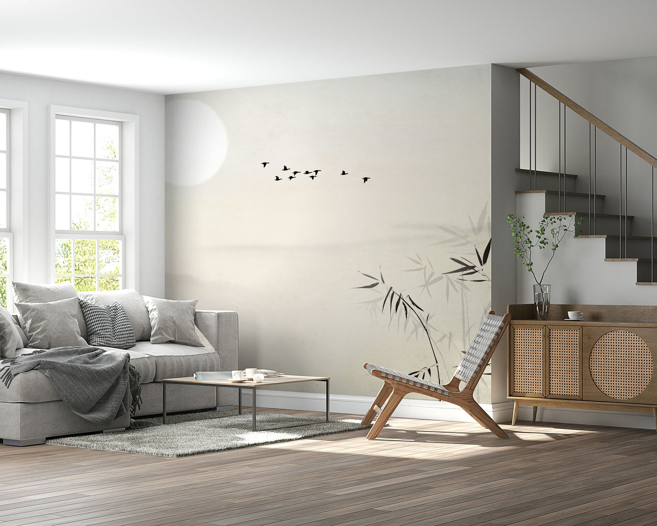 A wall mural featuring a peaceful garden scene under the moonlight.

