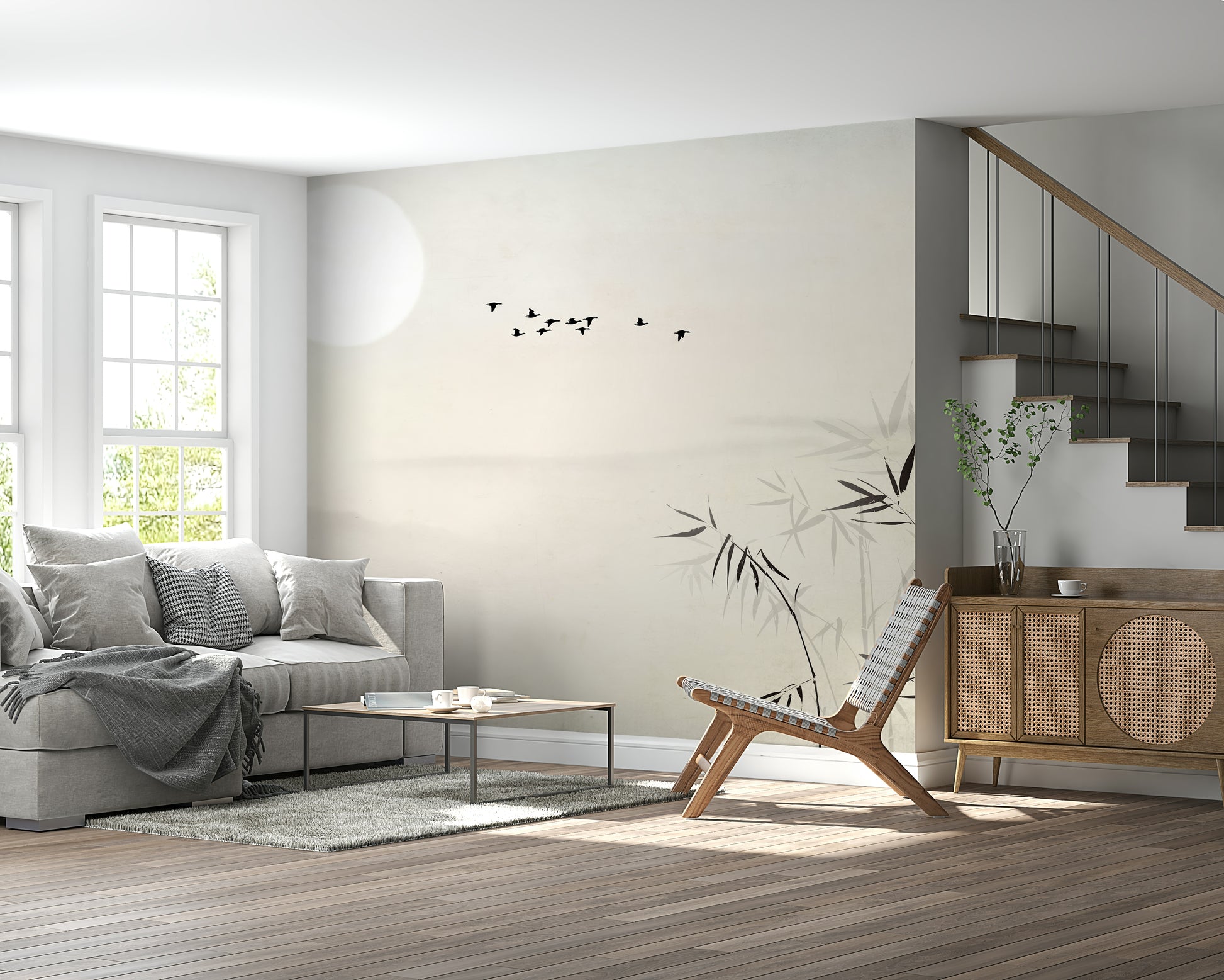 A wall mural featuring a peaceful garden scene under the moonlight.

