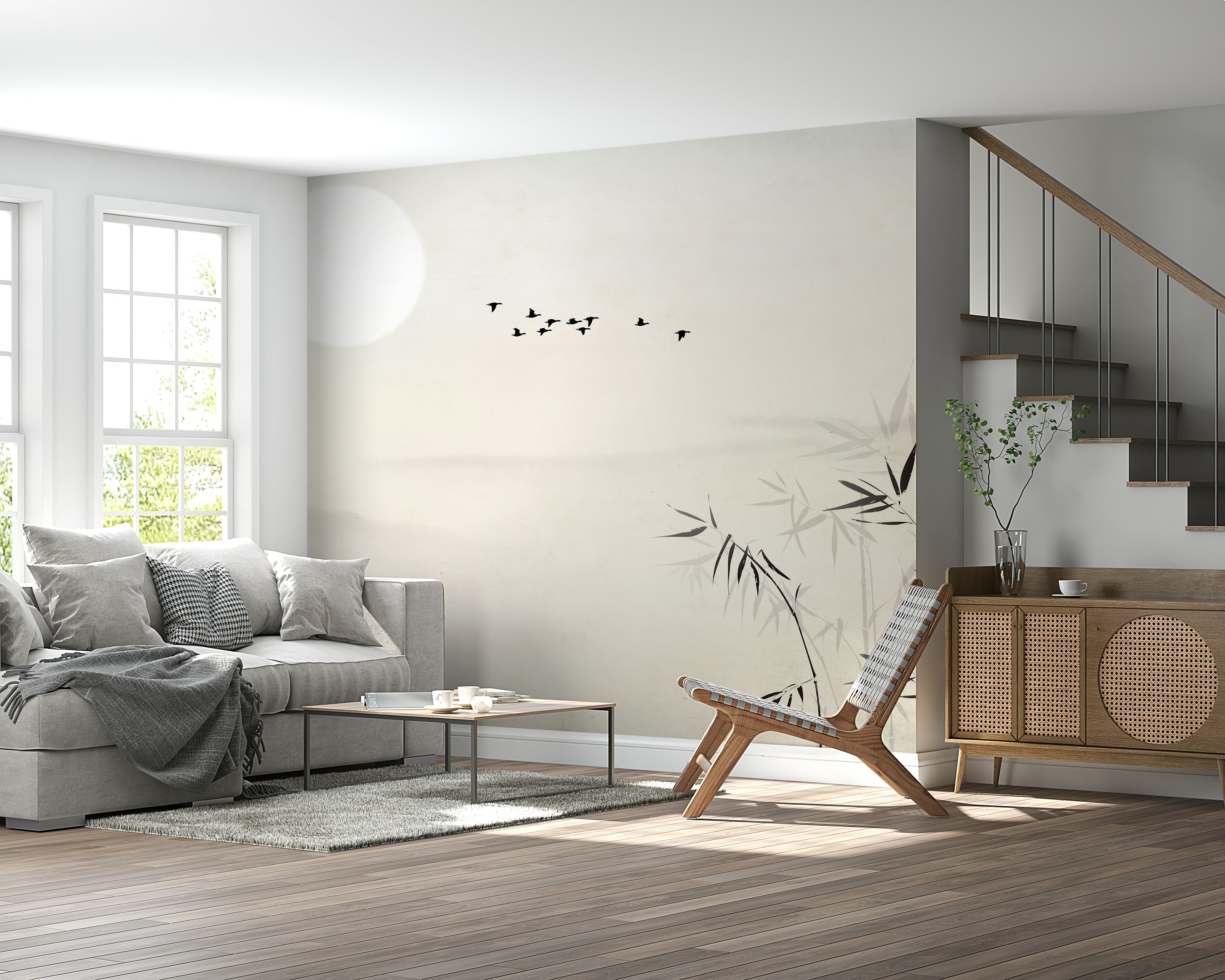 A wall mural featuring a peaceful garden scene under the moonlight.

