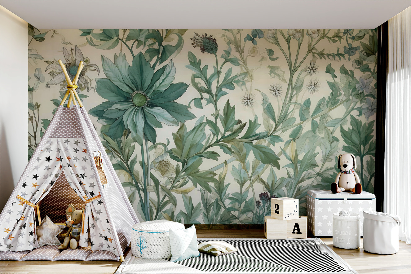A wall mural featuring a soft pattern of leaves and simple flower blossoms.

