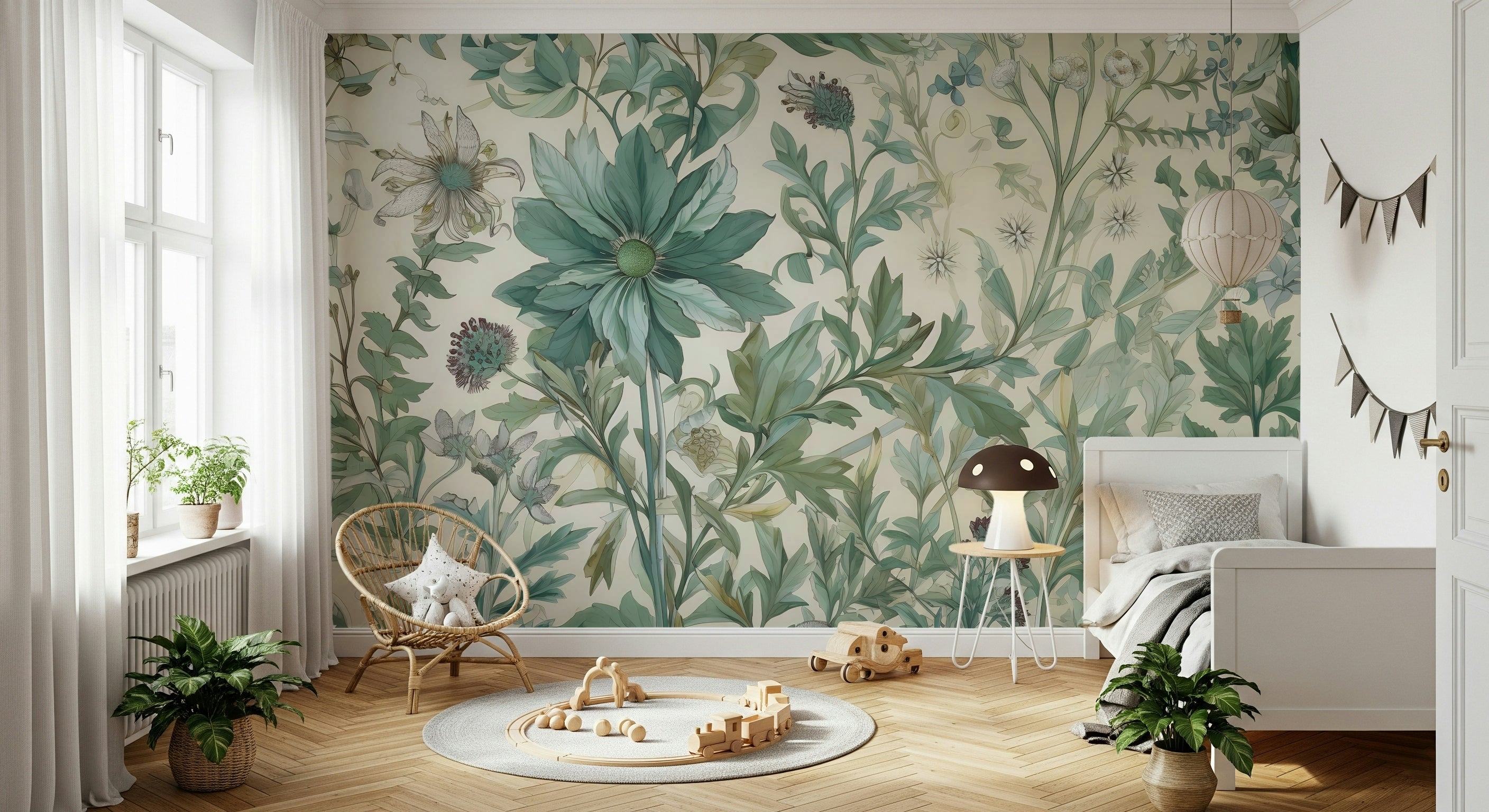 The mural is installed in a calm living room.

