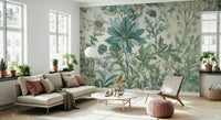 The image shows a full wall with a gentle, repeating floral and leaf design.

