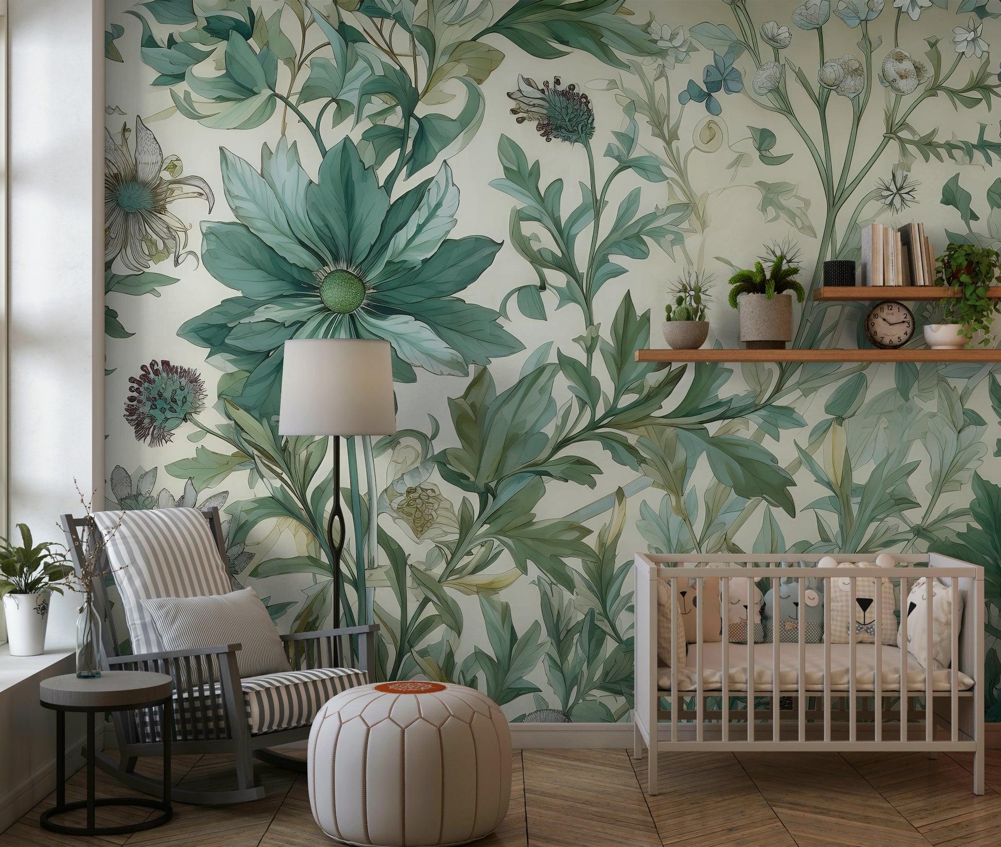 The colors are muted and gentle, including shades of light green, off-white, and pale pink.

