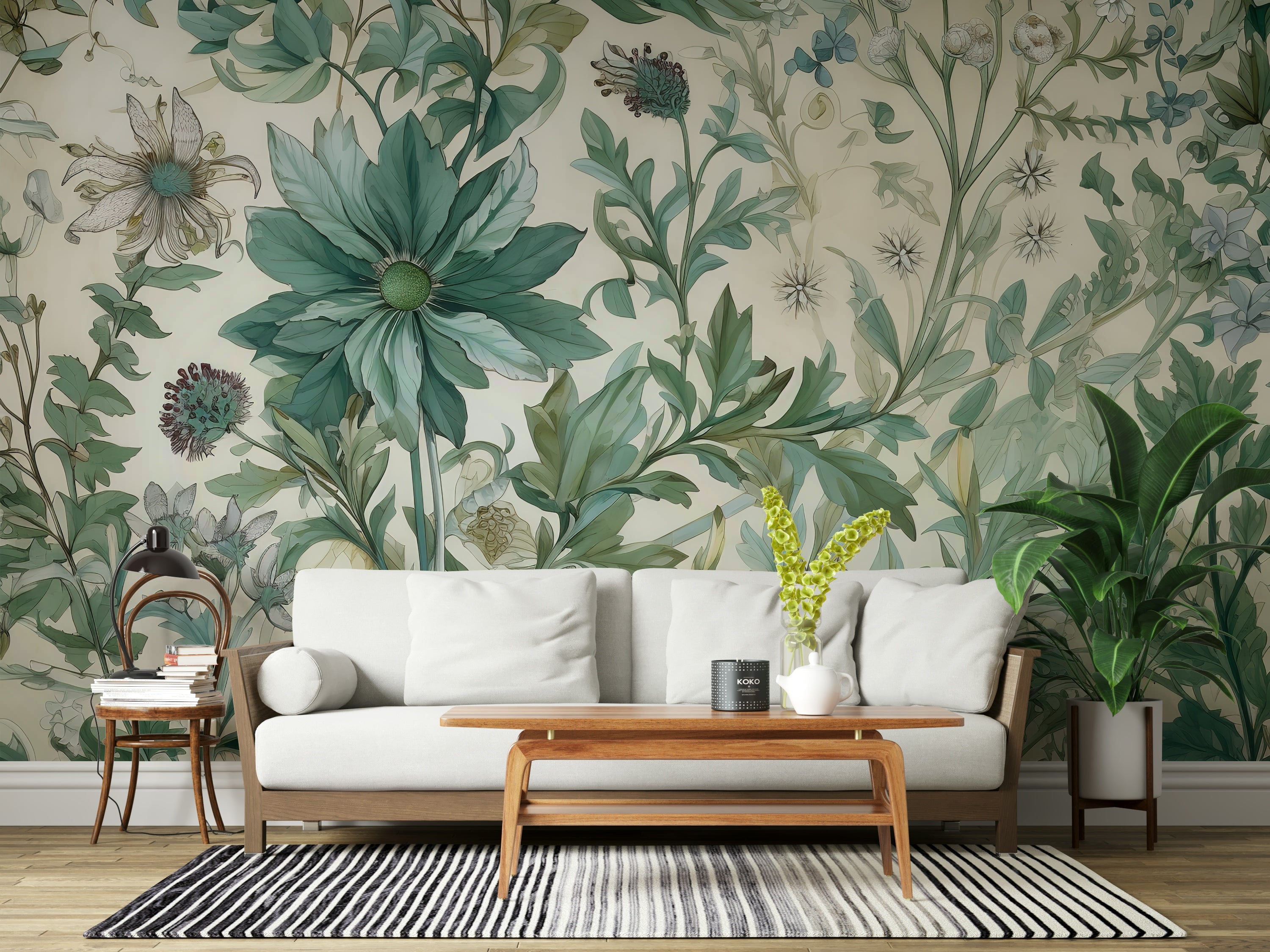 The room's lighting highlights the light, airy feel of the mural.

