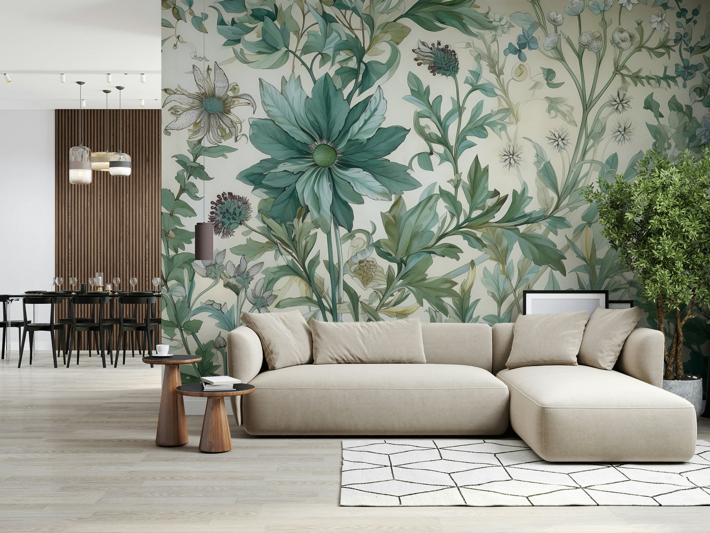 The mural extends across the entire wall, creating a clean backdrop.

