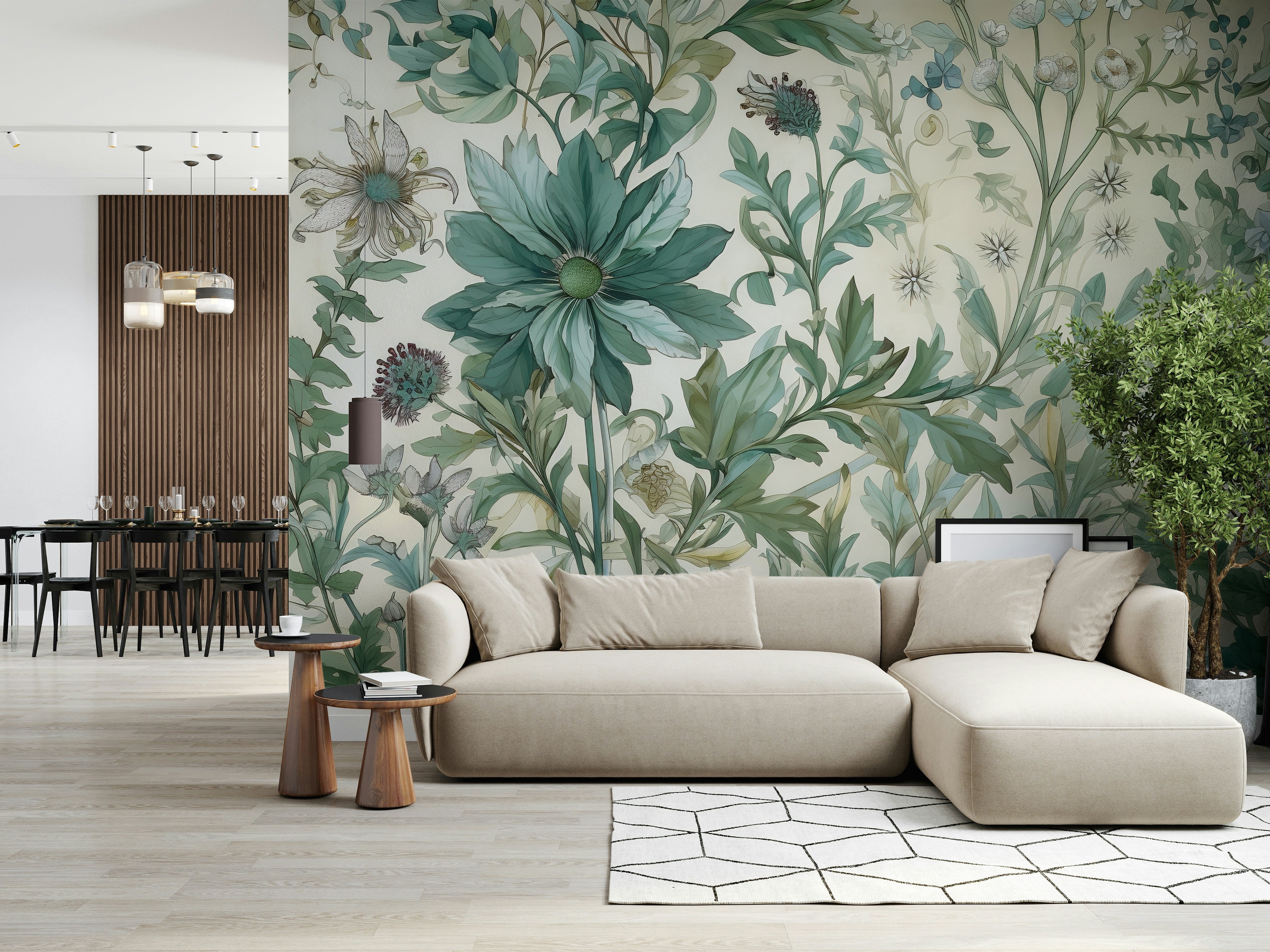 The mural extends across the entire wall, creating a clean backdrop.

