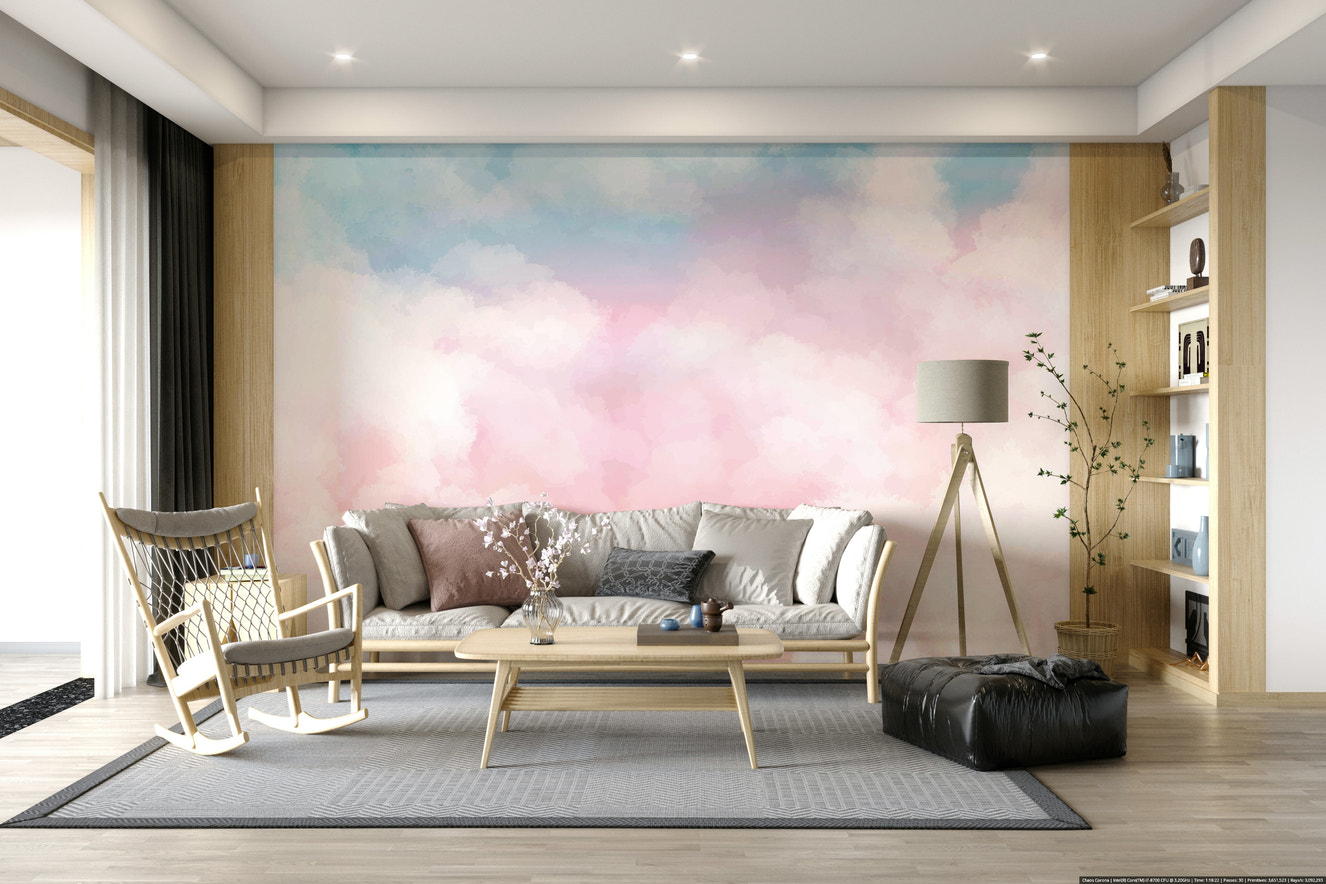 A wall mural featuring a soft, blended sky with a watercolor effect.