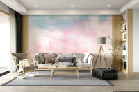 A wall mural featuring a soft, blended sky with a watercolor effect.

